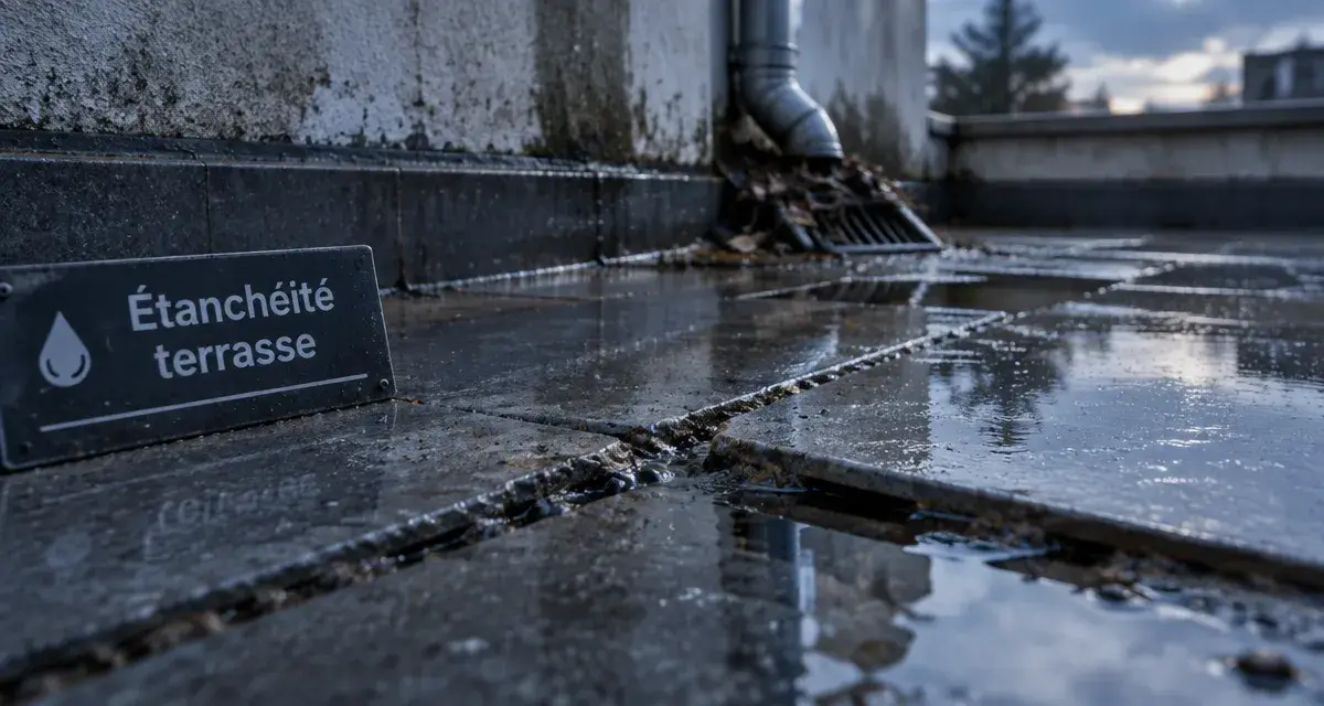 Étanchéité sur carrelage terrasse : joint fissuré et fuite après pluie