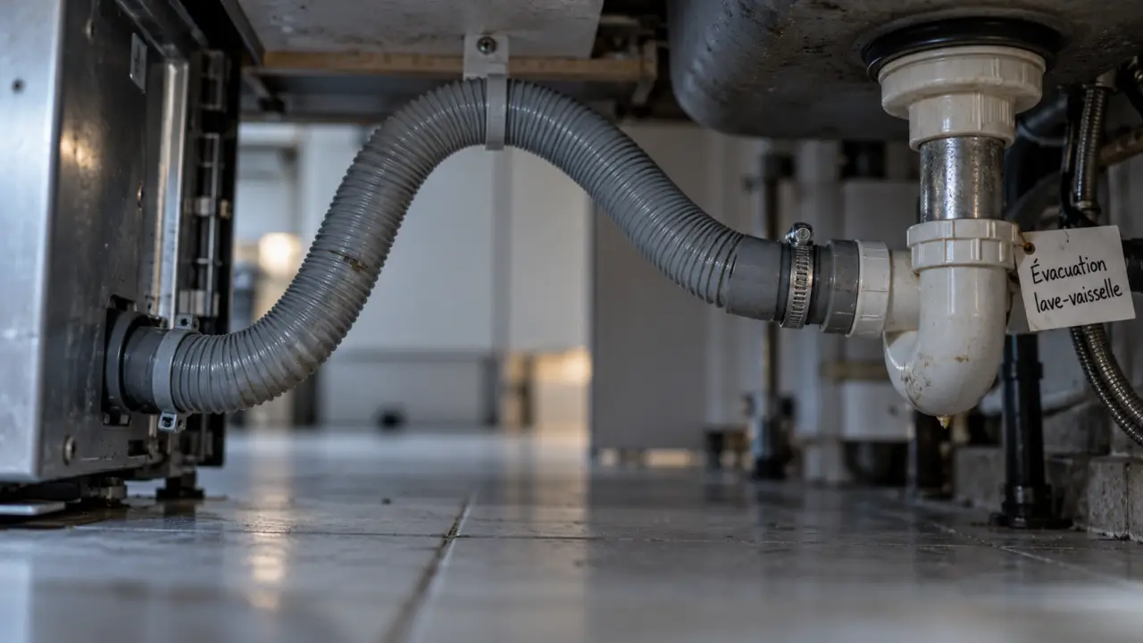 Évacuation lave-vaisselle : tuyau de vidange vers siphon, raccords fiables