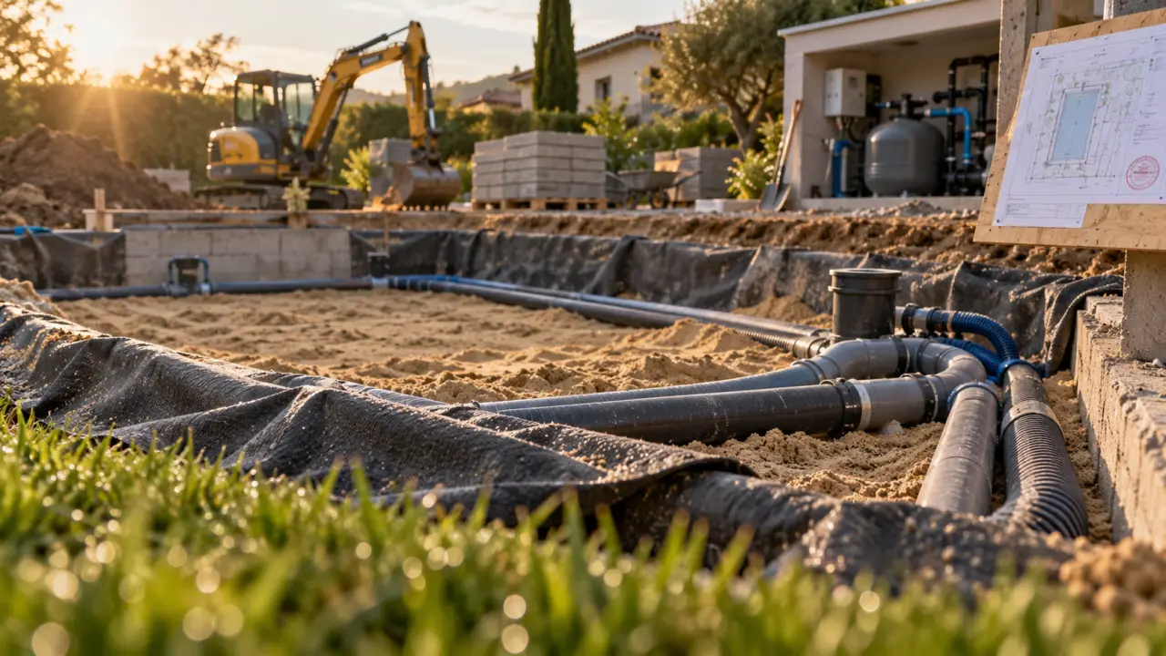 Fabrication d une piscine : bâche géotextile et tuyaux, chantier avant terrassement