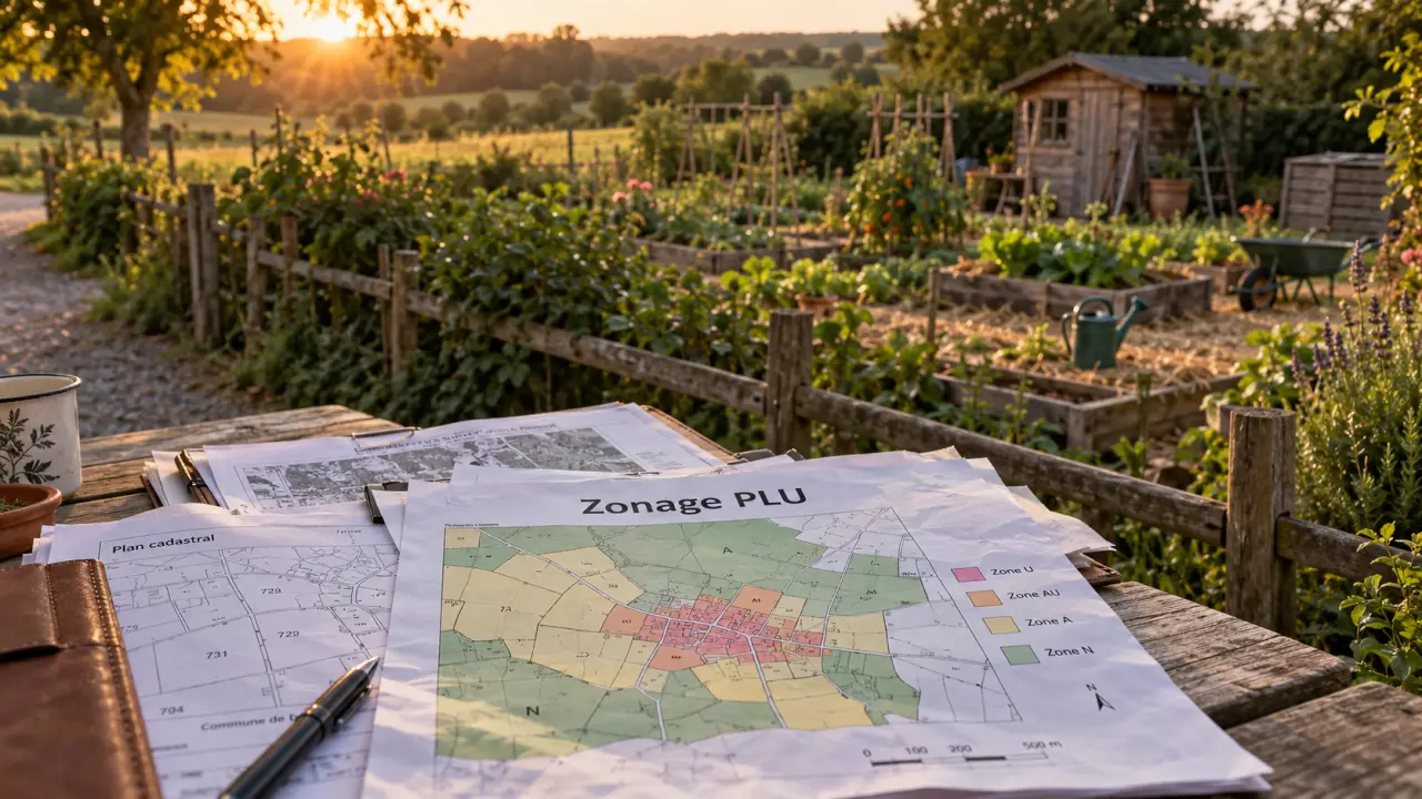 Terrain d agrément avec documents PLU et plan cadastral sur table de jardin